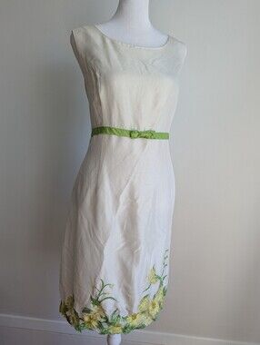 Vintage Y2K Studio I White Silk Sundress With Yellow & Green Flower Embroidery